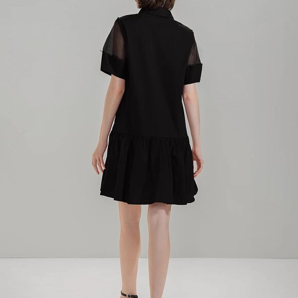 Dropwaist Mesh Sleeve Shirt Mini Dress - Black - POCKETS - Picture 7 of 15